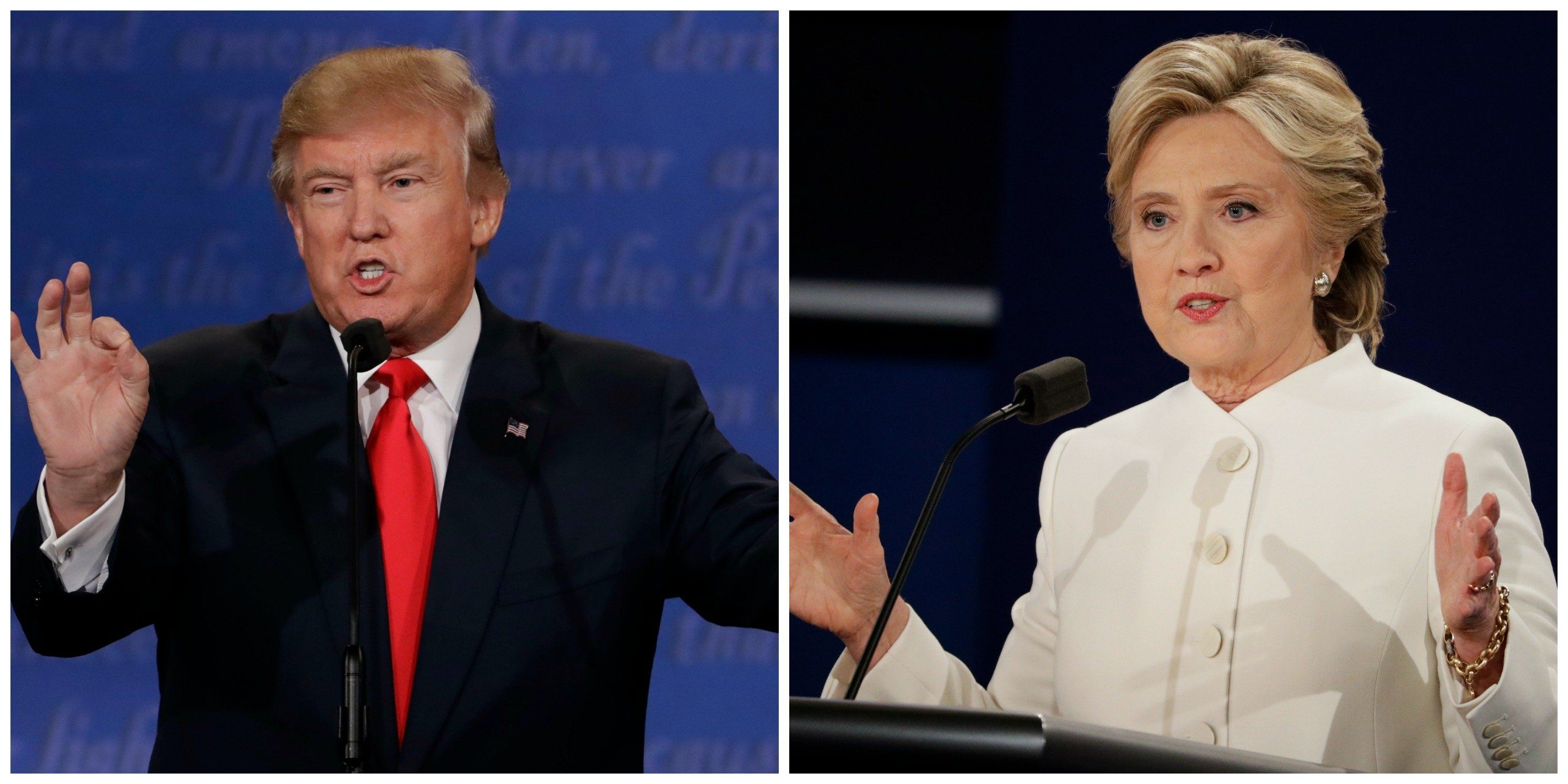 Republican Donald Trump and Democrat Hillary Clinton take part in the third and final presidential debate, held at the University of Nevada, Las Vegas, Oct. 19, 2016.