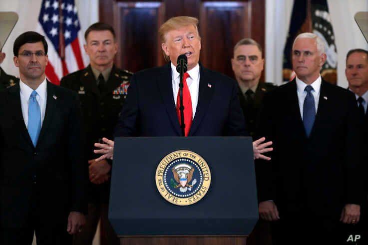 President Donald Trump addresses the nation from the White House on the ballistic missile strike that Iran launched 