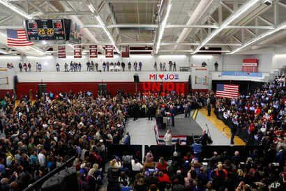 Democratic presidential candidate former Vice President Joe Biden speaks during a campaign rally at Renaissance High School in…