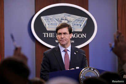 U.S. Defense Secretary Mark Esper speaks during a press briefing at Pentagon in Arlington, Virginia, U.S., December 20, 2019…