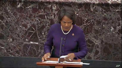 In this image from video, House impeachment manager Rep. Val Demings, D-Fla., speaks during closing arguments in the…