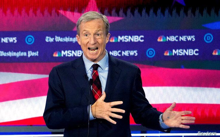 Billionaire activist Tom Steyer speaks during the U.S. Democratic presidential candidates debate at the Tyler Perry Studios in…