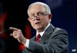 FILE - U.S. Attorney General Jeff Sessions makes a point during his speech at the Western Conservative Summit, June 8, 2018, in Denver.