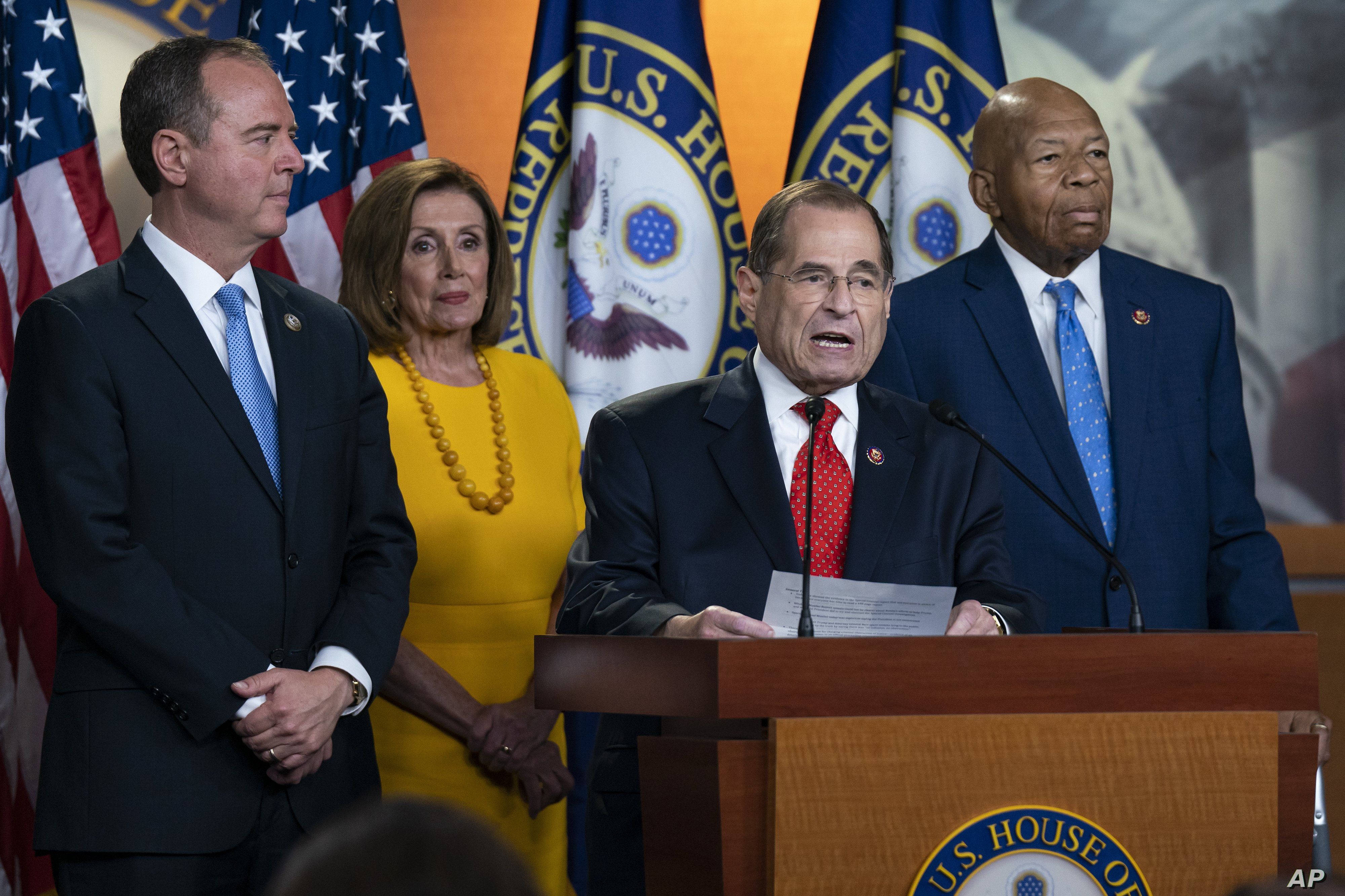 House Intelligence Committee Chairman Adam Schiff,  Speaker of the House Nancy Pelosi, House Judiciary Committee Chairman Jerrold Nadler, and House Oversight Committee Chairman Elijah Cummings after hearings with former special counsel Robert Mueller, July 24, 2019, in Washington.