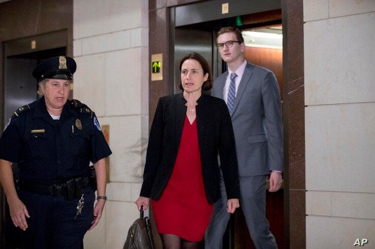 Former White House advisor on Russia, Fiona Hill, arrives on Capitol Hill in Washington, Oct. 14, 2019, as she is scheduled to testify before congressional lawmakers as part of the House impeachment inquiry into President Donald Trump.