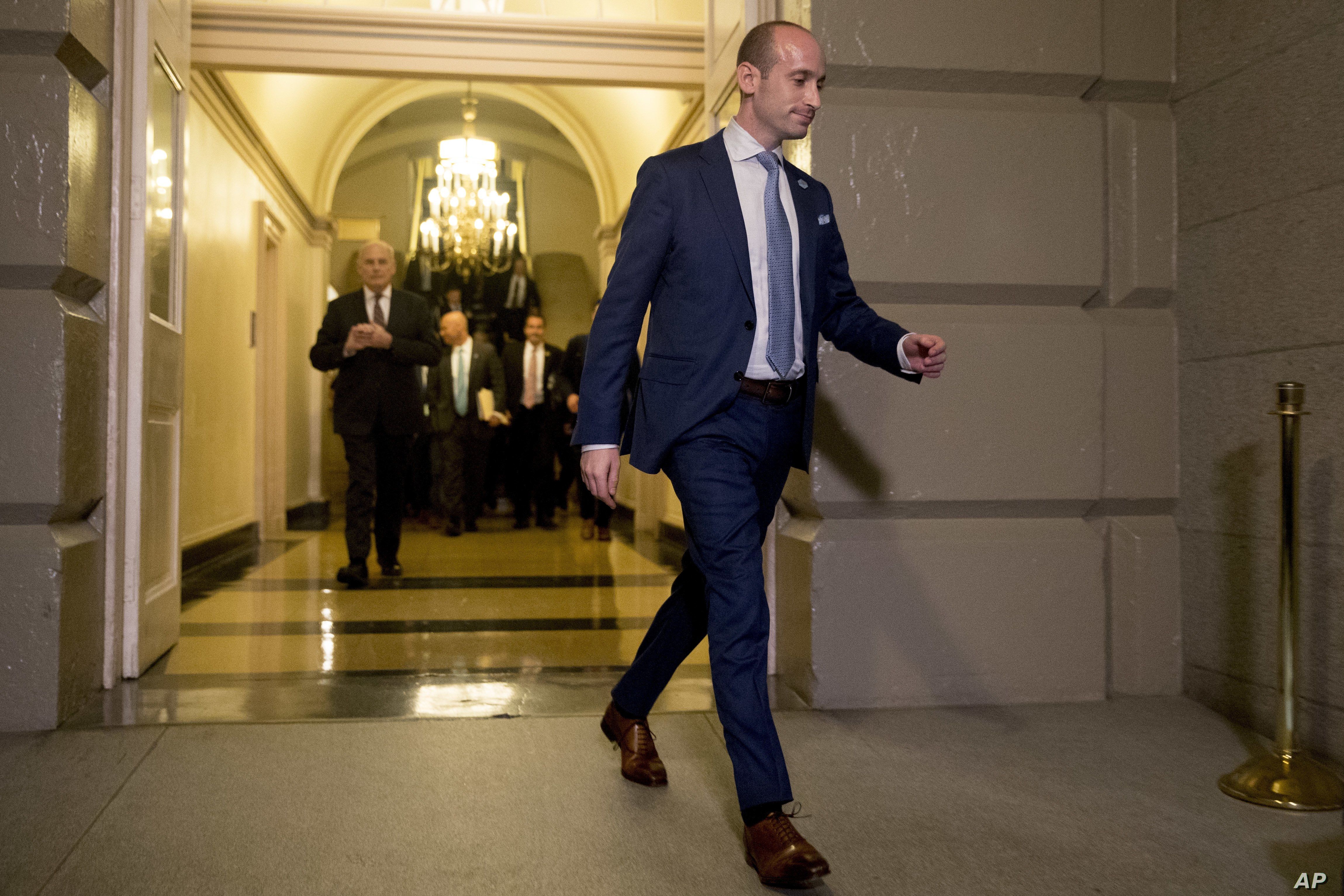 FILE - President Donald Trump's White House senior adviser Stephen Miller arrives for a meeting with Trump on Capitol Hill in Washington, June 19, 2018. Miller was called a 