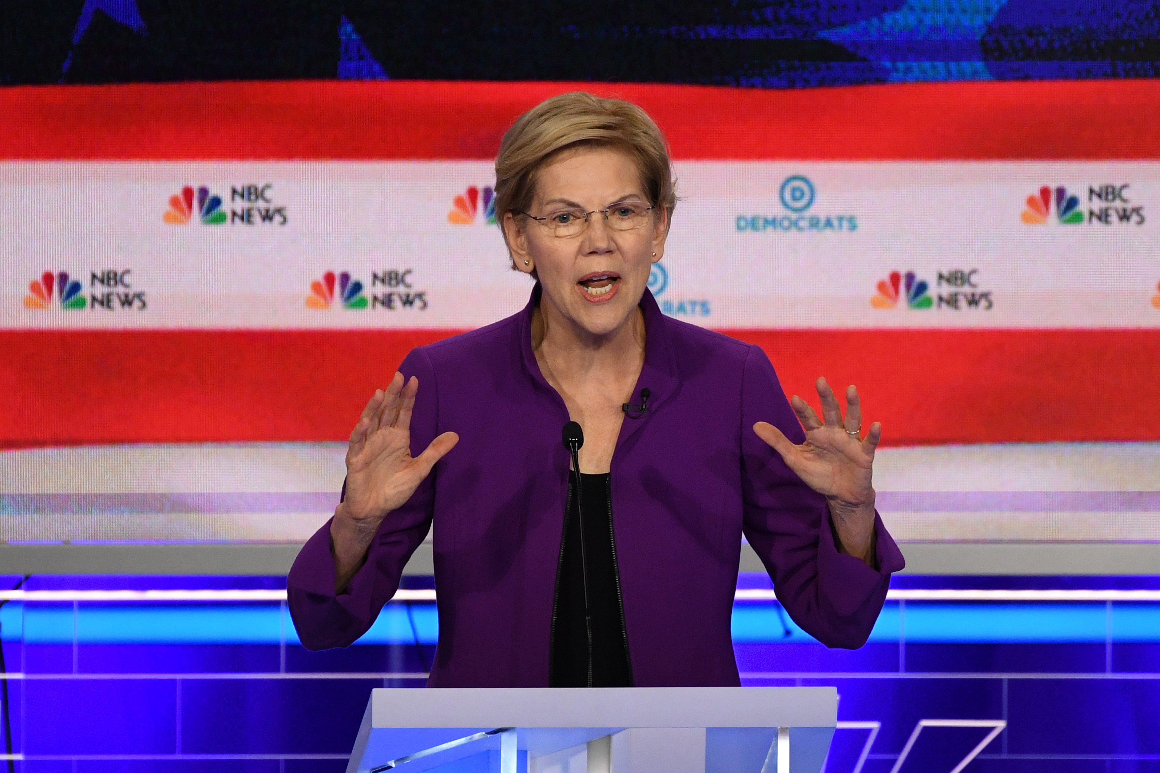 Democratic presidential hopeful US Senator from Massachusetts Elizabeth Warren participates in the first Democratic primary debate of the 2020 presidential campaign season hosted by NBC News at the Adrienne Arsht Center for the Performing Arts in Miami, Florida, June 26, 2019. 