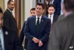 Speaker of the House Paul Ryan, R-Wis., emerges from the chamber just after key conservatives in the rebellious House Freedom Caucus helped to kill passage of the farm bill which had been a priority for GOP leaders, at the Capitol in Washington, May 18, 2018.