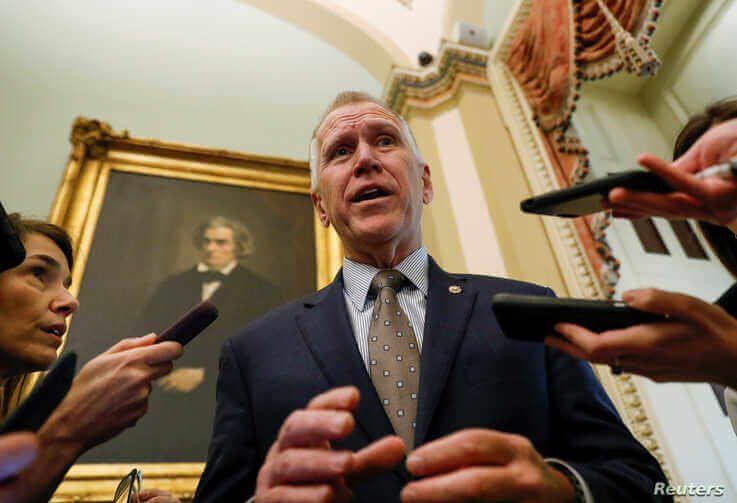 U.S. Senator Thom Tillis (R-NC) talks to reporters prior to the resumption of the Senate impeachment trial of U.S. President…