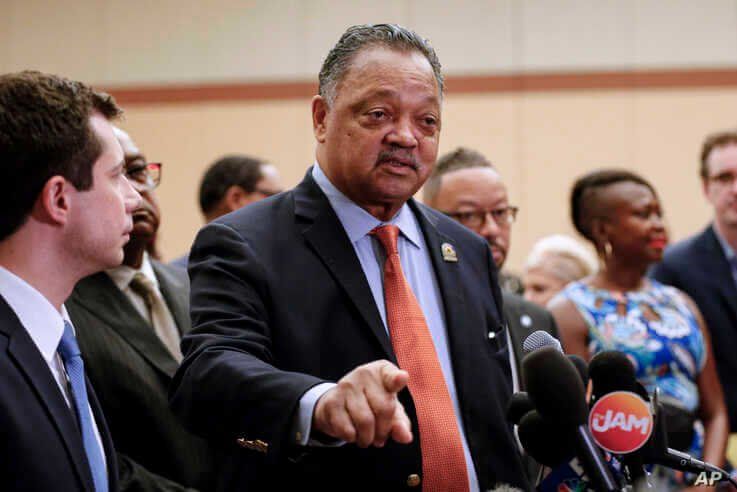 Rev. Jesse Jackson addresses reporters at the start of the Rainbow PUSH Coalition Annual International Convention in Chicago, July 2, 2019. 