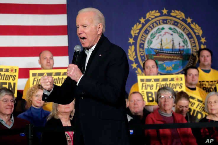 Democratic presidential candidate Joe Biden speaks at a campaign event in Somersworth, New Hampshire, Feb. 5, 2020.