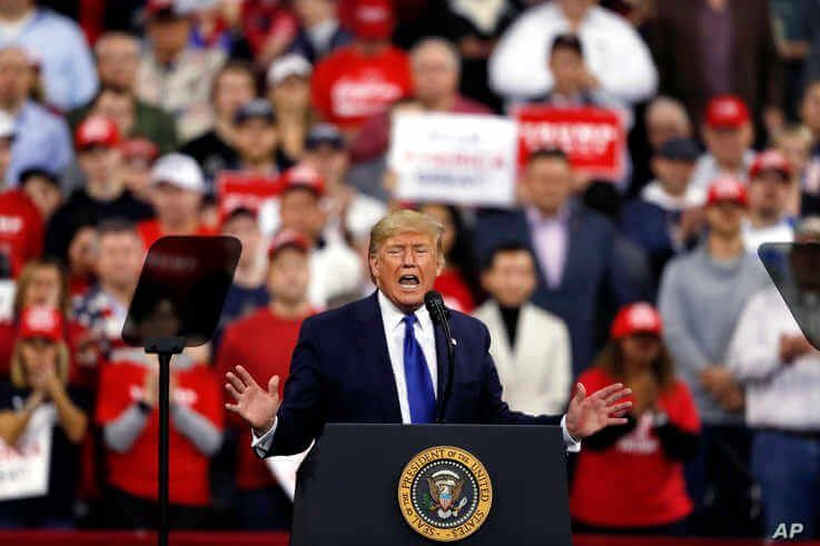 President Donald Trump speaks at a campaign rally Tuesday, Jan. 14, 2020, in Milwaukee. (AP Photo/Jeffrey Phelps)