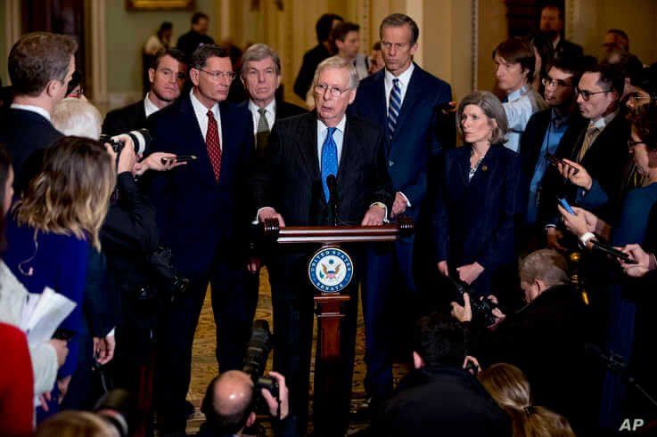Senate Majority Leader Mitch McConnell, R-Ky., speaks to reporters during a news conference, Dec. 10, 2019, on Capitol Hill in Washington. 