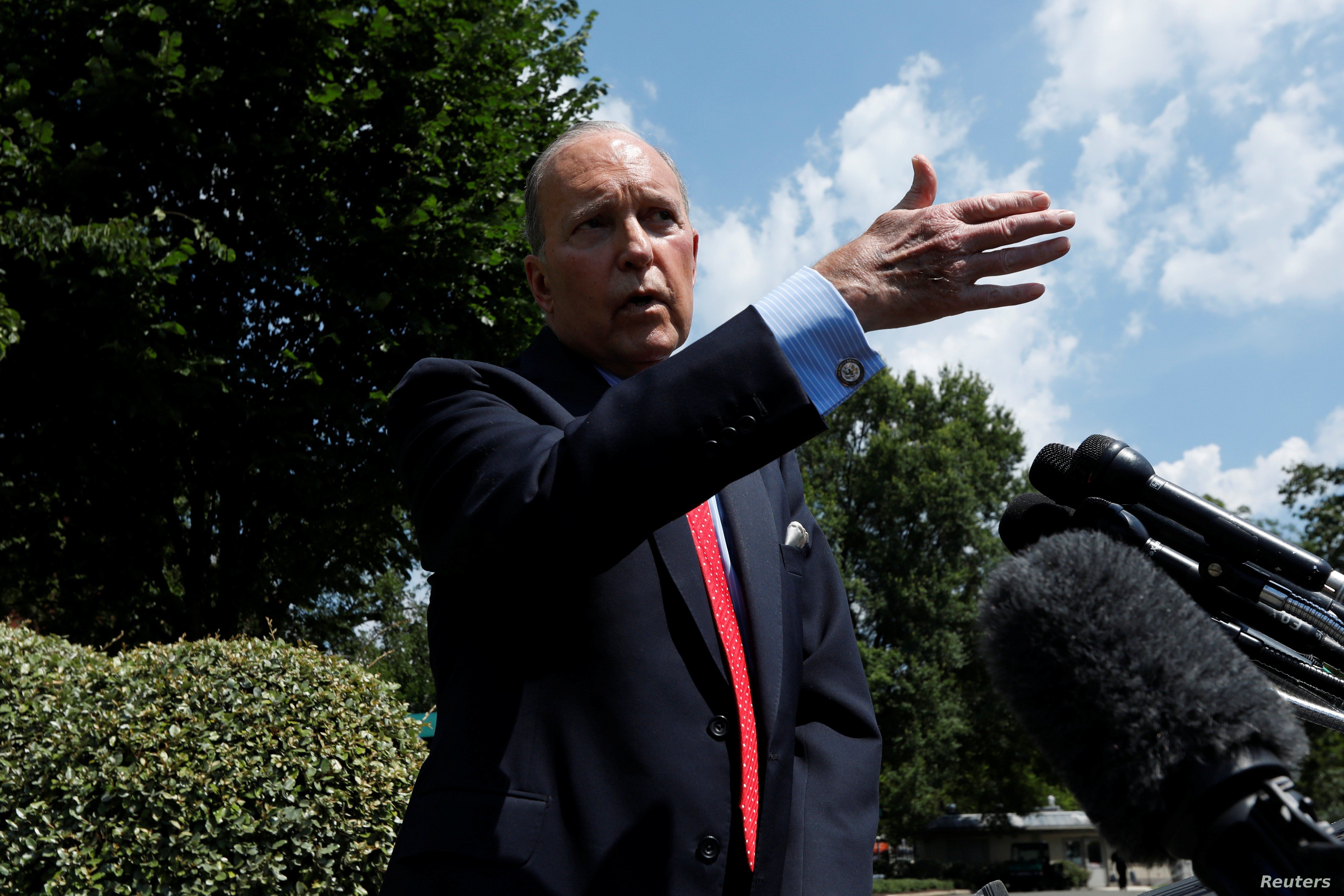 White House chief economic advisor Larry Kudlow speaks with reporters outside the West Wing of the White House in Washington, June 27, 2019.