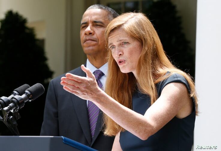 Samantha Power (R), nominated to be the new U.S. Ambassador to the United Nations speaks about her appointment after U.S…