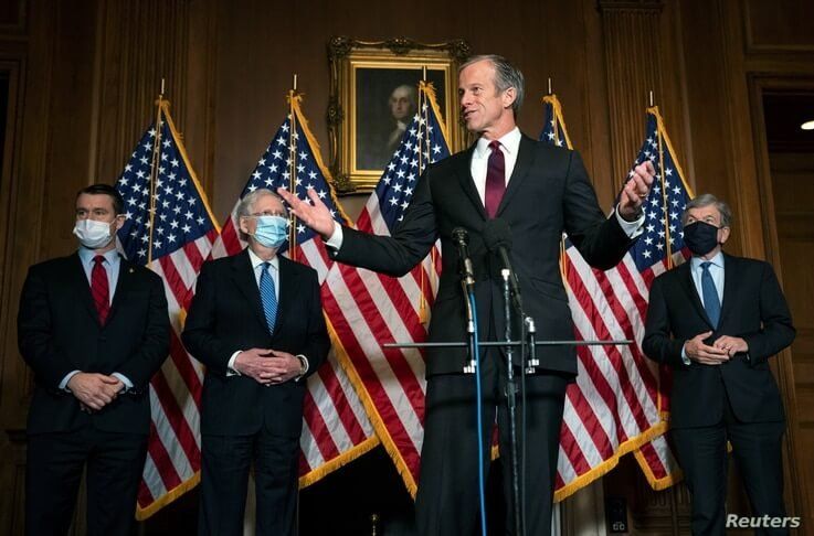 U.S. Senator John Thune (R-SD) speaks during a news conference with Republican leaders at the U.S. Capitol in Washington, U.S.,…