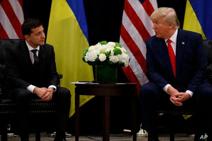 President Donald Trump meets with Ukrainian President Volodymyr Zelenskiy at the InterContinental Barclay New York hotel during…