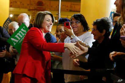 Democratic presidential candidate Sen. Amy Klobuchar, D-Minn., greets supporters during a rally Saturday, Feb. 29, 2020, in…