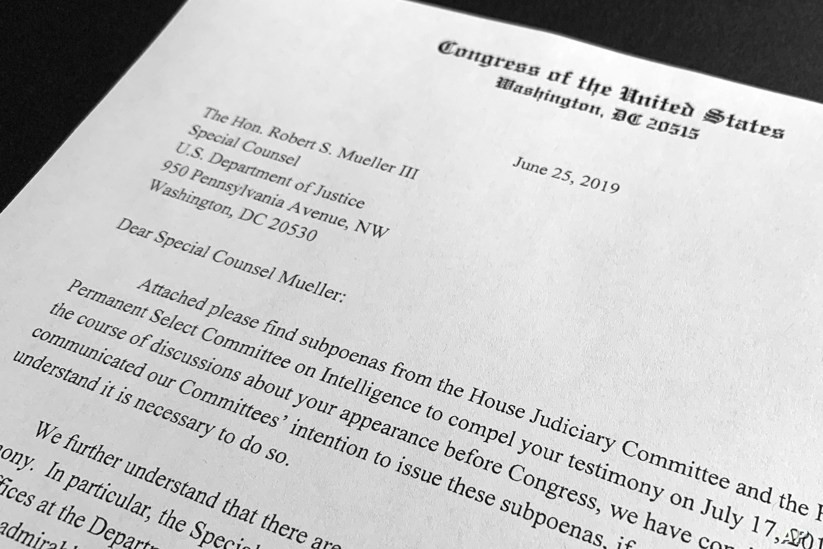 The letter from House Judiciary Chairman Jerrold Nadler and House Intelligence Committee Chairman Adam Schiff to Robert Mueller that was sent with subpoenas to compel Mueller's testimony on July 17, is photographed in Washington, June 25, 2019.