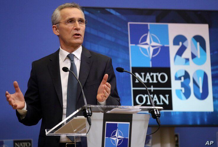 NATO Secretary General Jens Stoltenberg speaks during a media conference ahead of a NATO defense minister's meeting at NATO…