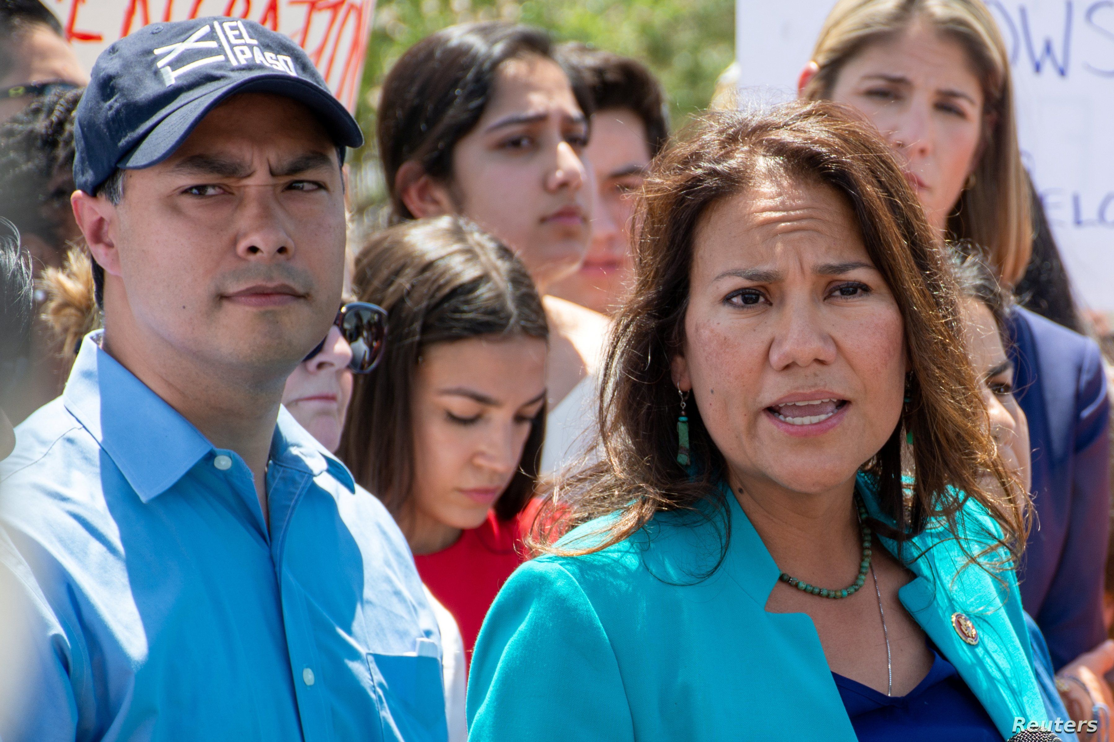  U.S. Representative Veronica Escobar from El Paso speaks to the news media along with Rep. Joaquin Castro and Rep. Alexandria Ocasio-Cortez after they toured two Border patrol stations following reports of migrants kept in inadequate conditions, in Clint, Texas, July 1, 2019.