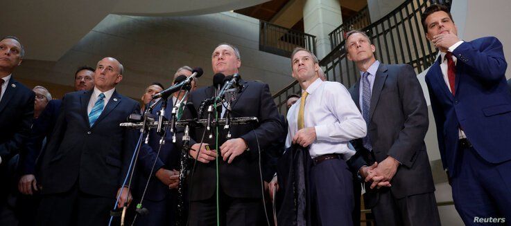 House Minority Whip Steve Scalise (R-LA) with other Republican congressmen speaks to the media outside a secure area as Deputy…