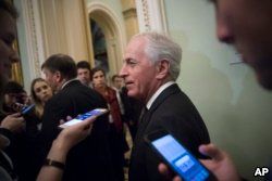 FILE - Senate Foreign Relations Committee Chairman Bob Corker, R-Tenn., leaves a weekly GOP policy lunch on Capitol Hill in Washington, March 20, 2018.