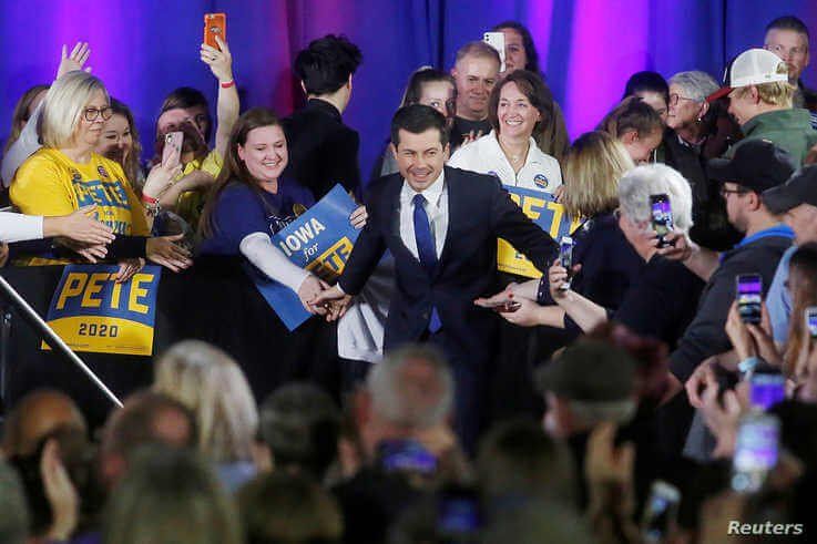 Democratic presidential candidate Pete Buttigieg greets attendees during a campaign event where he is endorsed by actor Kevin…