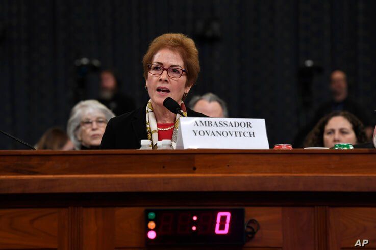 Former U.S. Ambassador to Ukraine Marie Yovanovitch testifies before the House Intelligence Committee on Capitol Hill.