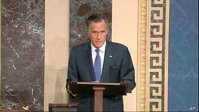 In this image from video, Republican Senator Mitt Romney speaks on the Senate floor on the impeachment trial of President Donald Trump, at the Capitol in Washington, Feb. 5, 2020. 