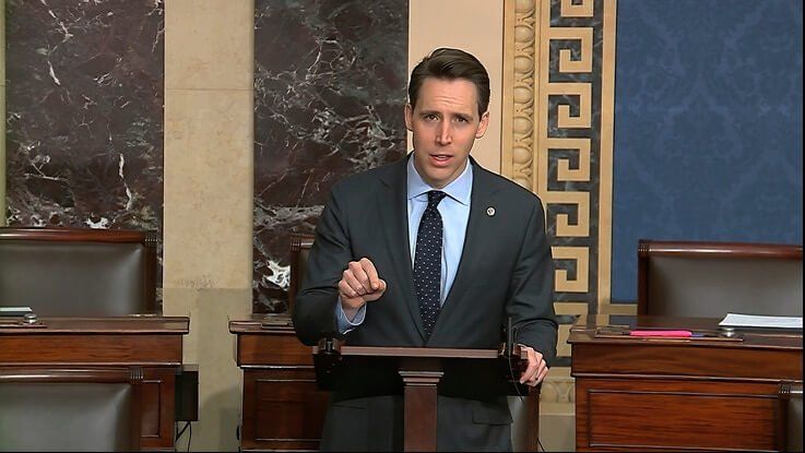 In this image from video, Sen. Josh Hawley, R-Mo., speaks on the Senate floor about the impeachment trial against President…