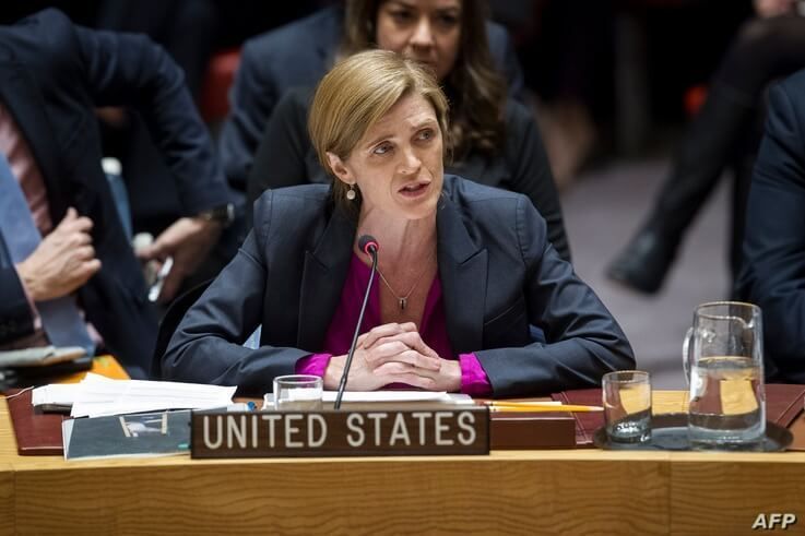 In this image released by the UN, Samantha Power, US Permanent Representative to the UN, addresses the Council after the…
