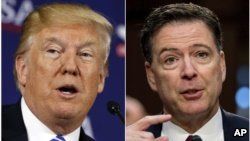 This combination photo shows President Donald Trump speaking during a roundtable discussion in White Sulphur Springs, W.Va., April 5, 2018, left, and former FBI director James Comey speaking during a Senate Intelligence Committee hearing on Capitol Hill in Washington, June 8, 2017. 