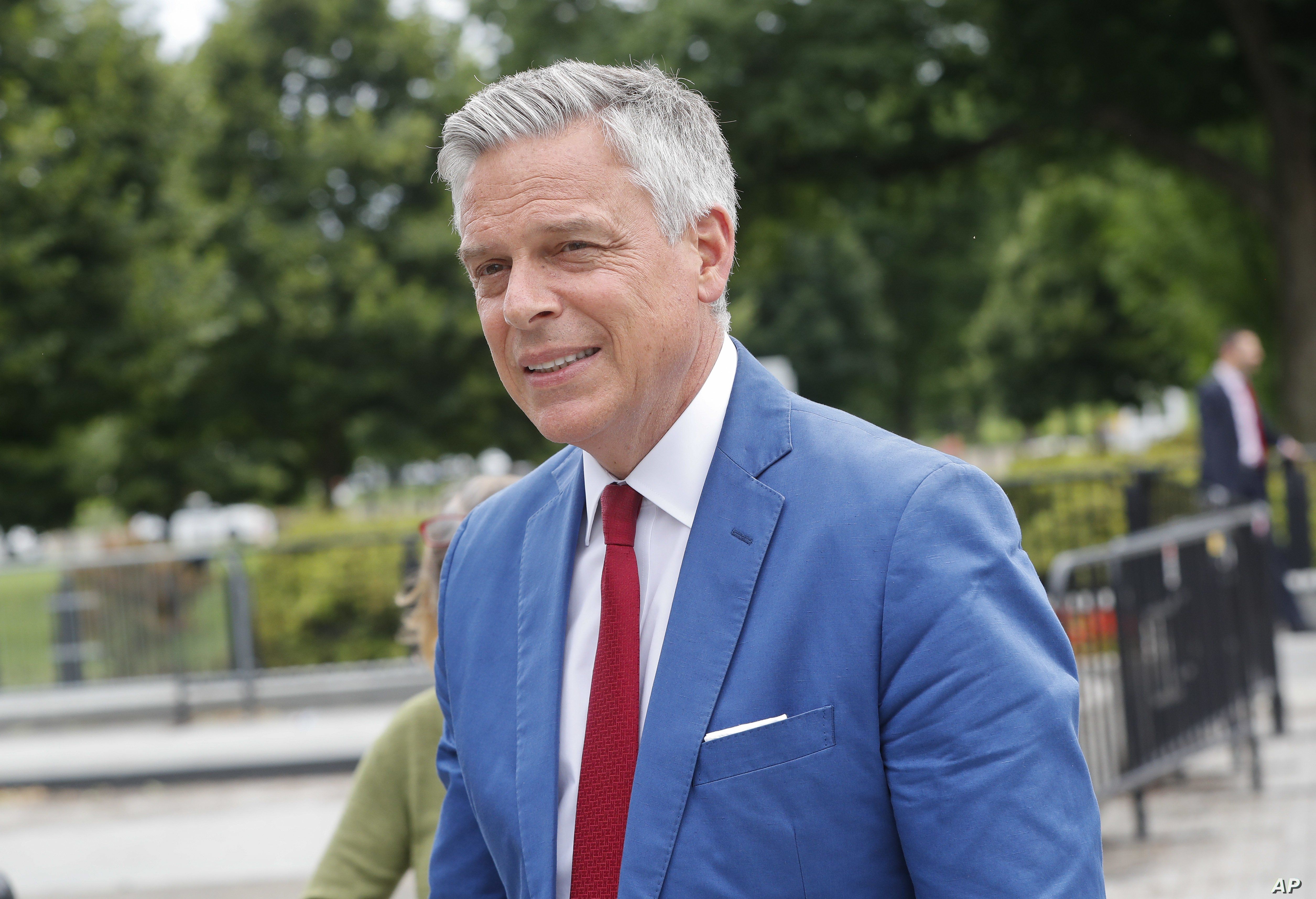 FILE - Jon Huntsman, U.S. ambassador to Russia, arrives at the security check point entrance of the White House in Washington, May 30, 2018.