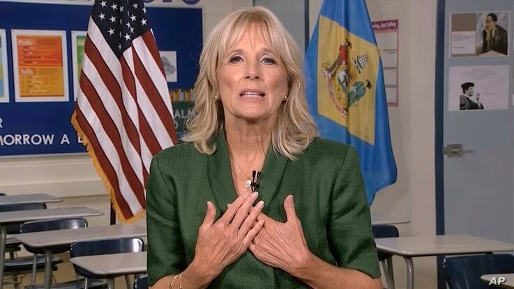 In this image from video, Jill Biden, wife of Democratic presidential candidate former Vice President Joe Biden, speaks during…