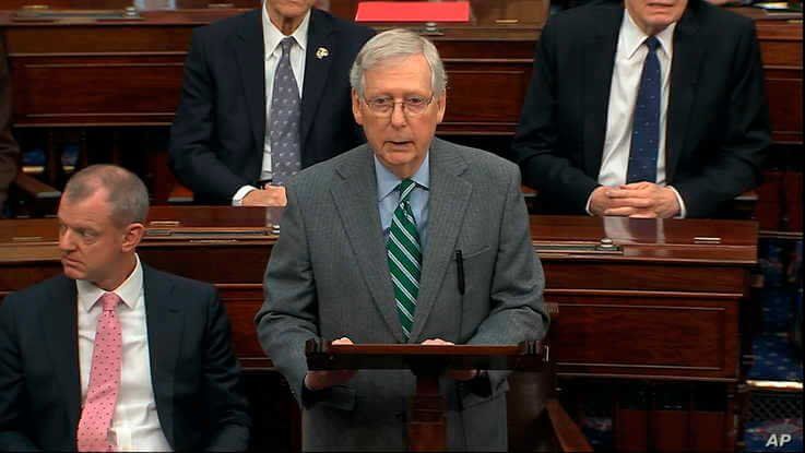 In this image from video, Senate Majorty Leader Mitch McConnell, R-Ky., speaks as the impeachment trial against President…