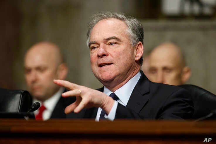 Senate Armed Services Committee member Sen. Tim Kaine, D-Va., speaks during a Senate Armed Services Committee hearing on 