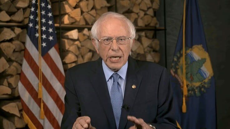 In this image from video, Sen. Bernie Sanders, I-Vt., speaks during the first night of the Democratic National Convention on…