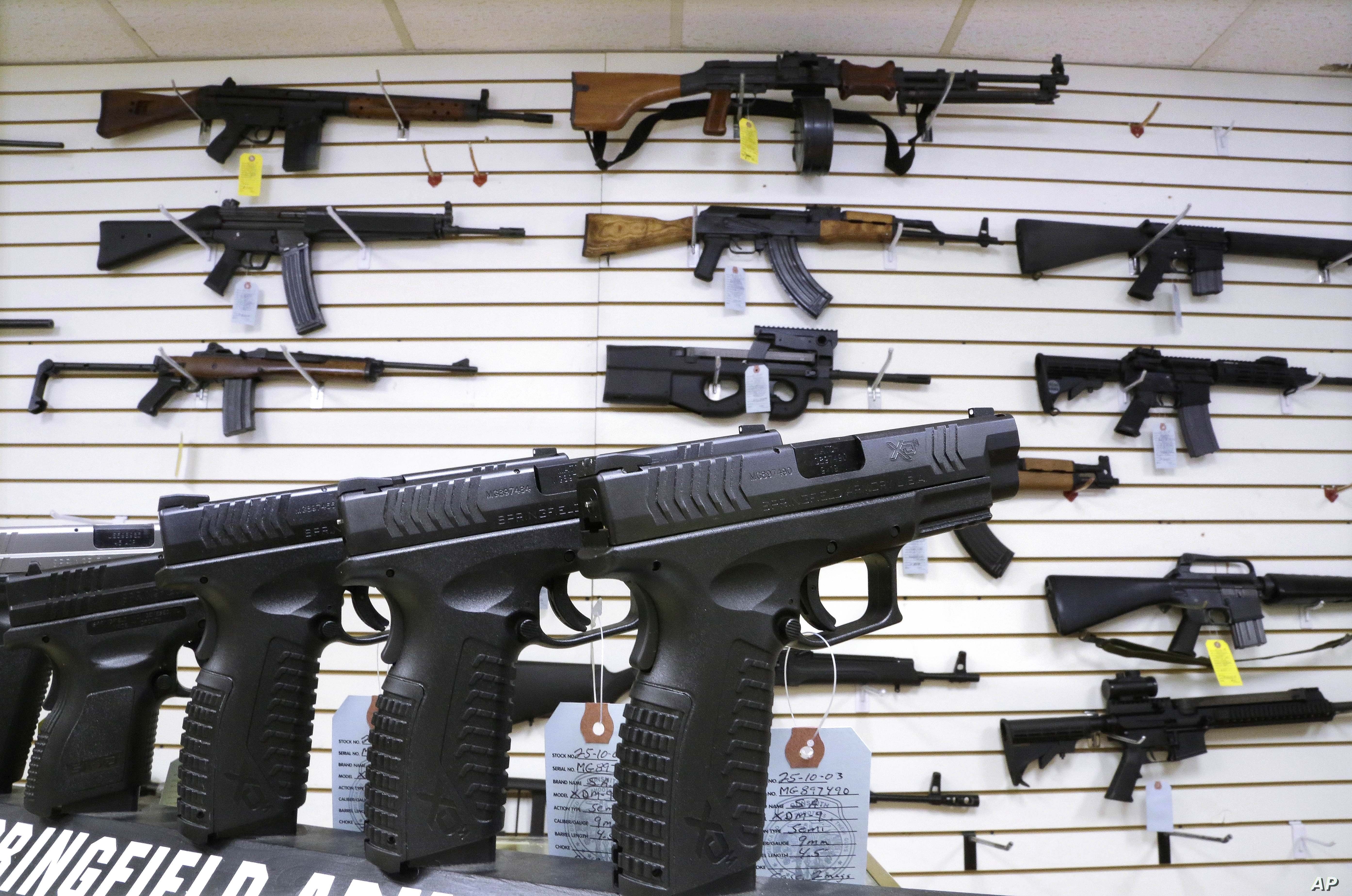 FILE - Assault weapons and hand guns are seen for sale at Capitol City Arms Supply in Springfield, Ill. 