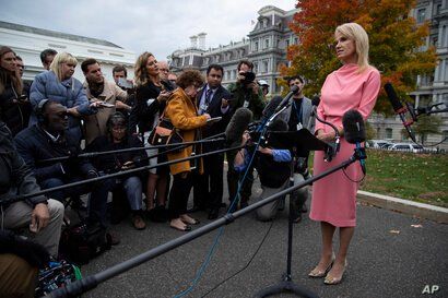FILE - White House counselor Kellyanne Conway talks with reporters outside the White House, in Washington, Nov. 7, 2019. 