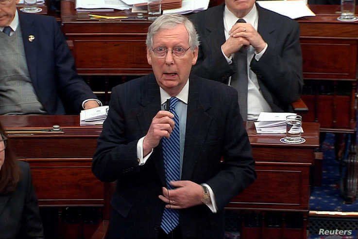 U.S. Senate Majority Leader Mitch McConnell (R-KY) speaks during the second day of the Senate impeachment trial of U.S…