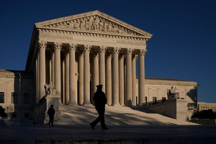 The Supreme Court is seen at sundown on the eve of Election Day, in Washington, Monday, Nov. 2, 2020. President Donald Trump…