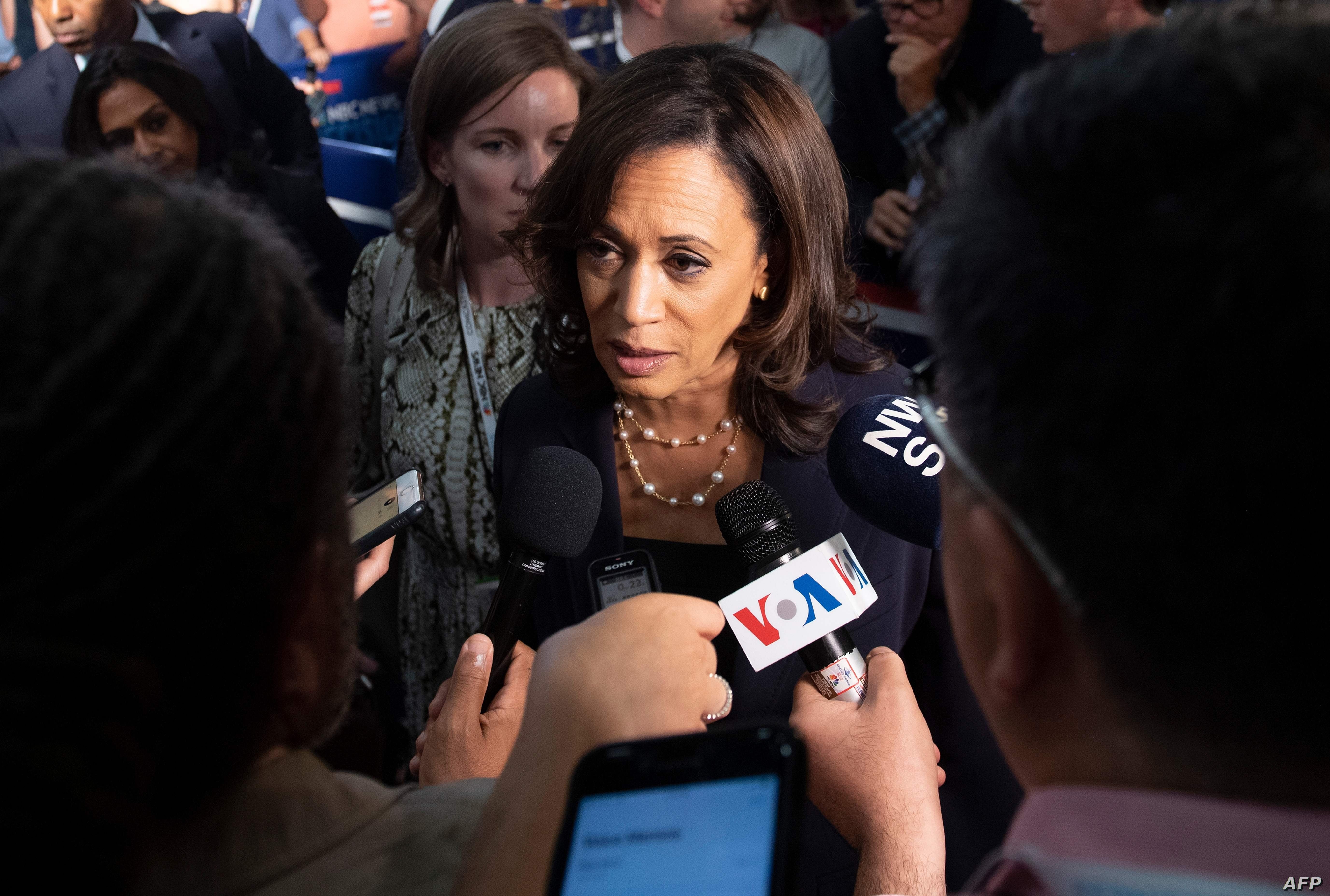 Democratic presidential hopeful US Senator for California Kamala Harris speaks to the press in the Spin Room after the second Democratic primary debate of the 2020 presidential campaign season hosted by NBC News at the Adrienne Arsht Center for the…