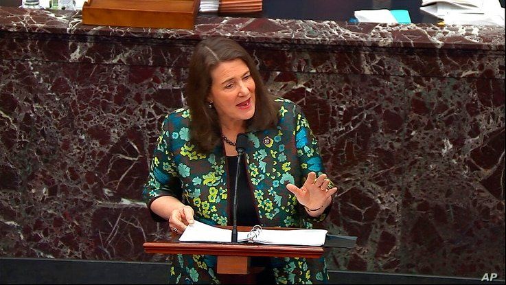In this image from video, House impeachment manager Rep. Diana DeGette, D-Colo., speaks during the second impeachment trial of…