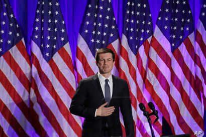Democratic presidential candidate South Bend, Ind. Mayor Pete Buttigieg reacts to applause after delivering a Veterans Day address during a campaign event in Rochester, N.H., Nov. 11, 2019.