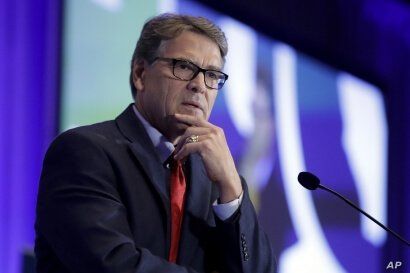 FILE - In this Sept. 6, 2019, file photo, Energy Secretary Rick Perry speaks at the California GOP fall convention in Indian…