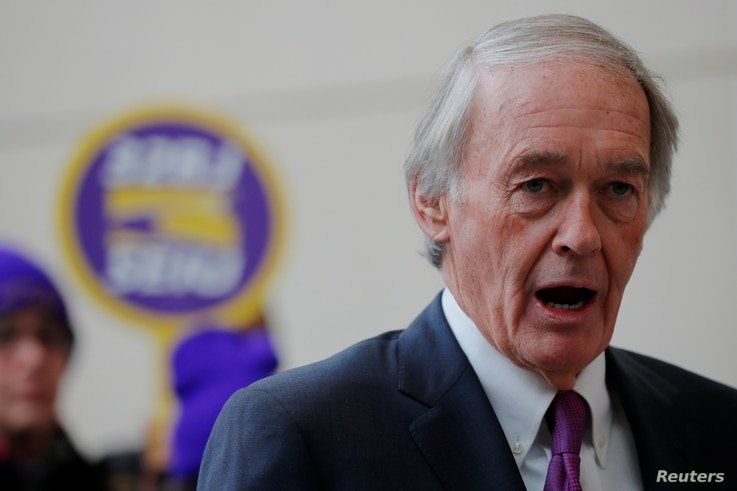U.S. Senator Ed Markey (D-MA) speaks about federal government employees working without pay and workers trying to unionize at Logan Airport in Boston, Jan. 21, 2019.   