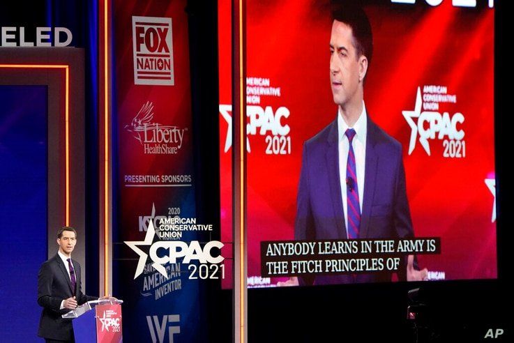 Sen. Tom Cotton, R-Ark., speaks at the Conservative Political Action Conference (CPAC) Friday, Feb. 26, 2021, in Orlando, Fla. …