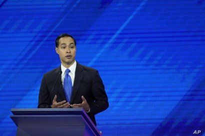 Democratic presidential candidate former Housing Secretary Julian Castro gives his closing statement Thursday, Sept. 12, 2019, during a Democratic presidential primary debate hosted by ABC at Texas Southern University in Houston. (AP Photo/David J…