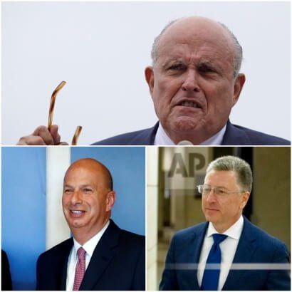 FILE - President Donald Trump's personal lawyer Rudy Giuliani, top, U.S. Ambassador to the EU Gordon Sondland, bottom left, and former U.S. special envoy on Ukraine Kurt Volker are seen in a combination photo. (AP, Reuters) 